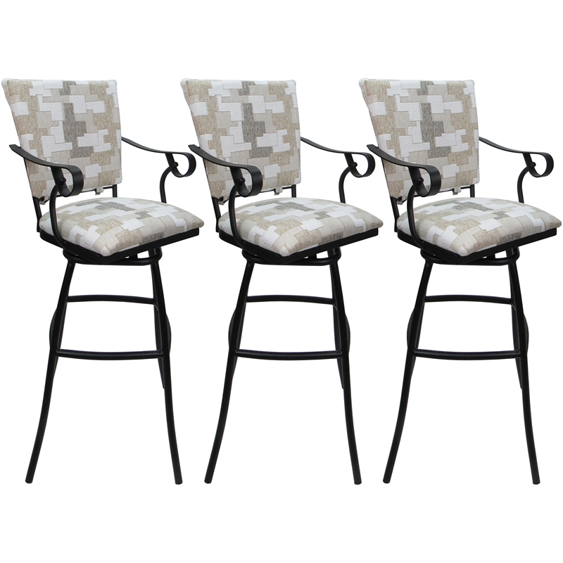 Set of 3 Outdoor Indoor Bar Stools - Jenna PB Arms - White Fabric - Black