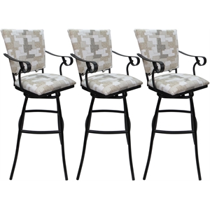 Set of 3 Outdoor Indoor Bar Stools - Jenna PB Arms - White Fabric - Black