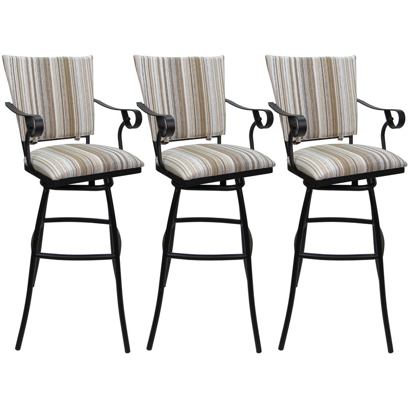 Set of 3 Outdoor Indoor Bar Stools - Jenna PB Arms - White Fabric - Black