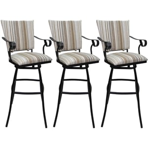 Set of 3 Outdoor Indoor Bar Stools - Jenna PB Arms - White Fabric - Black