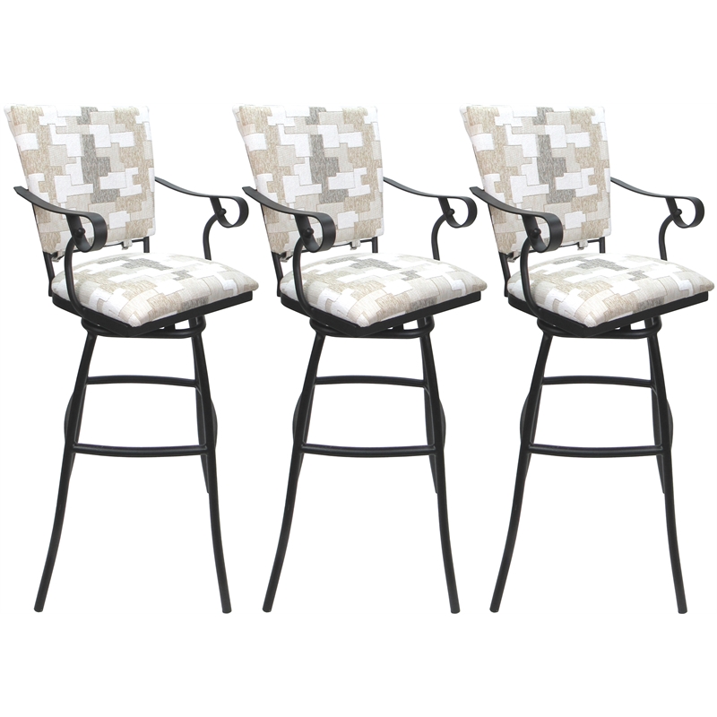Set of 3 Outdoor Indoor Bar Stools - Jenna PB Arms - White Fabric - Gray