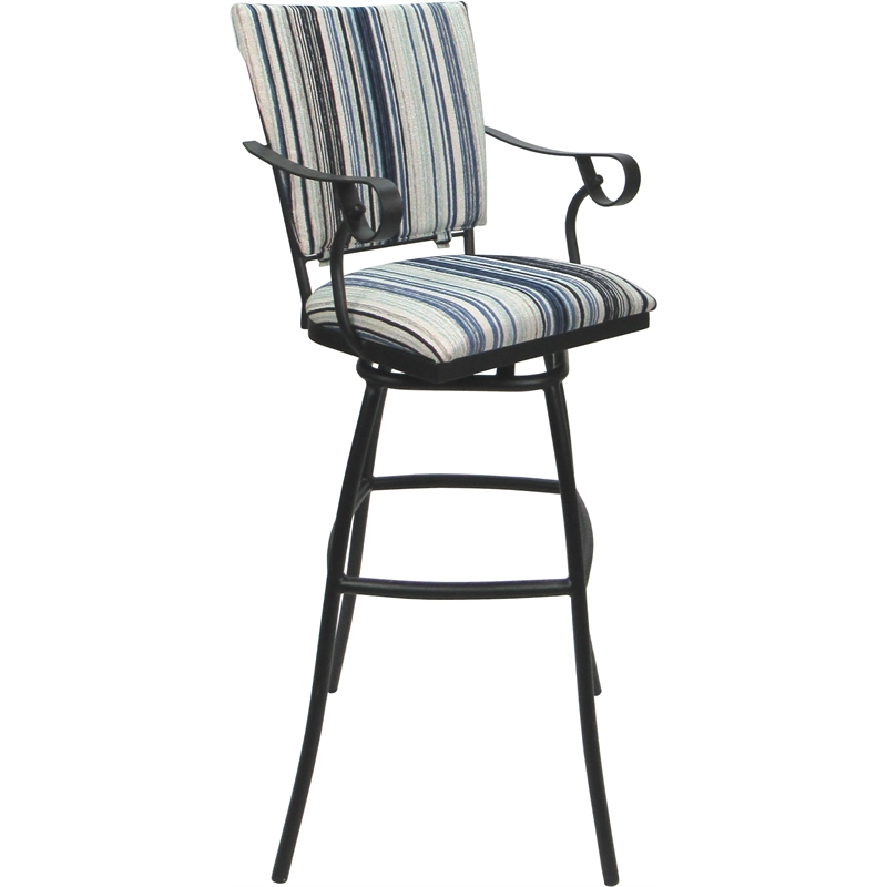 Set of 3 Outdoor Indoor Bar Stools - Jenna PB Arms - Blue Fabric - Gray
