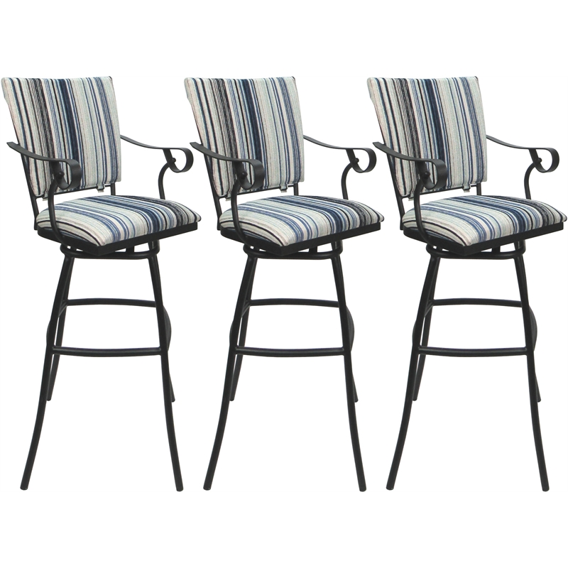 Set of 3 Outdoor Indoor Bar Stools - Jenna PB Arms - Blue Fabric - Gray