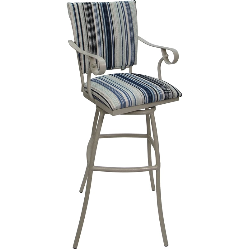 Set of 3 Outdoor Indoor Extra Tall Stools - Jenna PB Arms - Blue Fabric - Beige