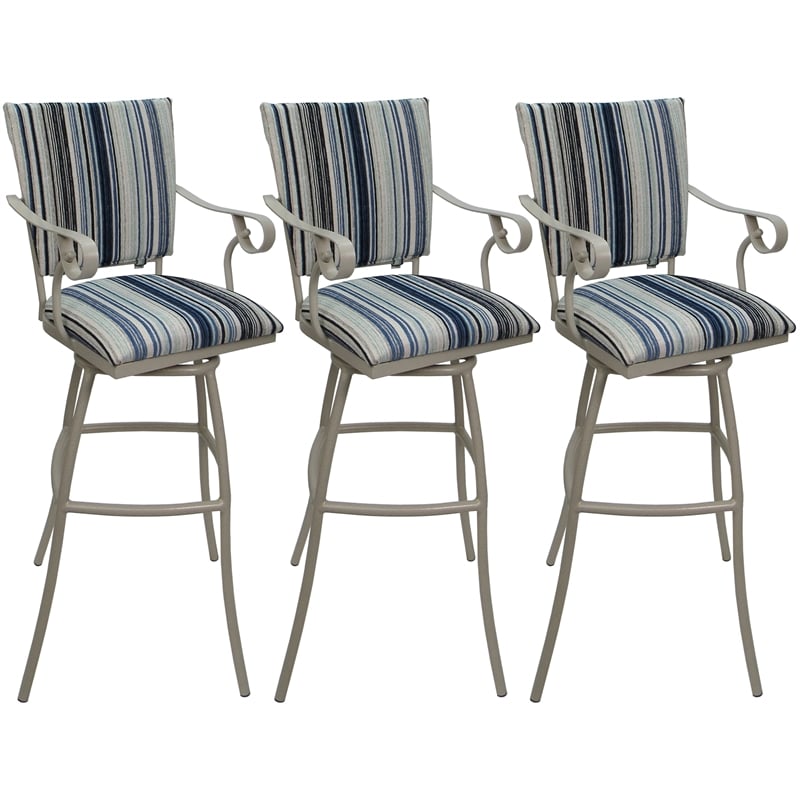 Set of 3 Outdoor Indoor Extra Tall Stools - Jenna PB Arms - Blue Fabric - Beige