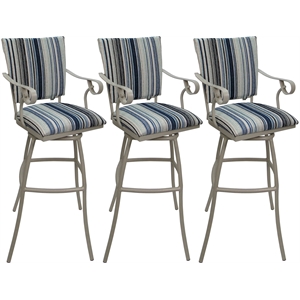 Set of 3 Outdoor Indoor Extra Tall Stools - Jenna PB Arms - Blue Fabric - Beige