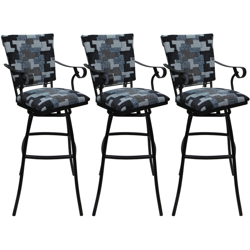 Set of 3 Outdoor Indoor Extra Tall Stools - Jenna PB Arms - Flint Fabric - Black