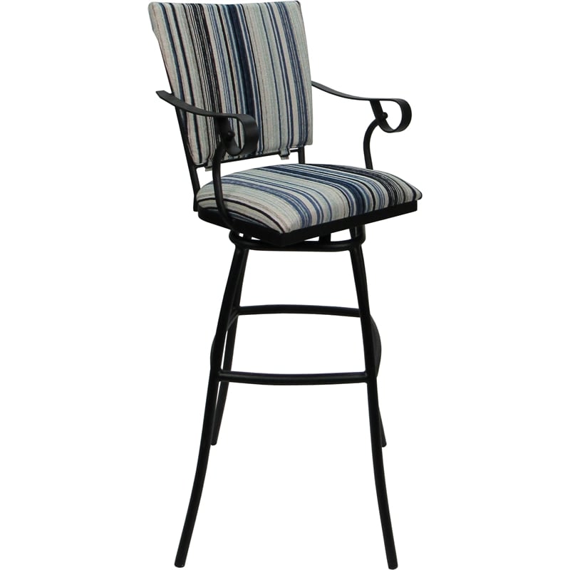 Set of 3 Outdoor Indoor Extra Tall Stools - Jenna PB Arms - Blue Fabric - Black