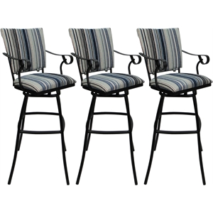 Set of 3 Outdoor Indoor Extra Tall Stools - Jenna PB Arms - Blue Fabric - Black