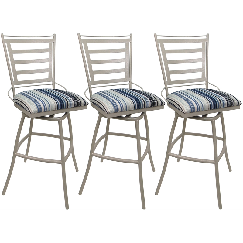 Set of 3 Outdoor Indoor Swivel Counter Stools -Jenna Armless Blue Fabric - Beige