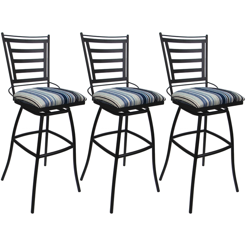 Set of 3 Outdoor Indoor Swivel Counter Stools Jenna Armless - Blue Fabric - Gray