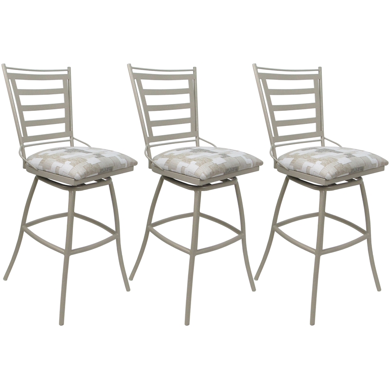 Set of 3 Outdoor Indoor Swivel Bar Stools - Jenna Armless - White Fabric - Beige