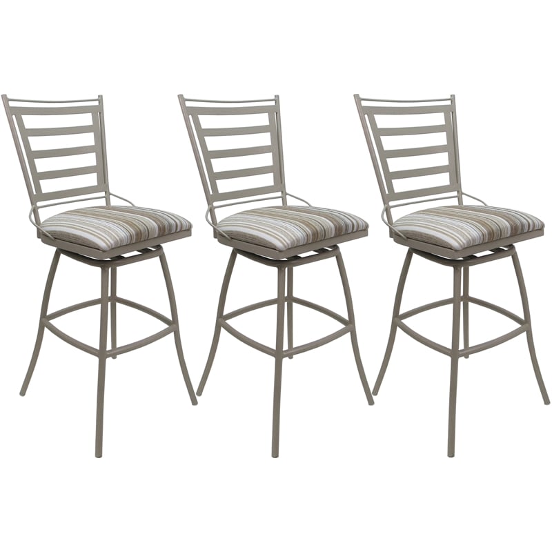 Set of 3 Outdoor Indoor Swivel Bar Stools - Jenna Armless - White Fabric - Beige
