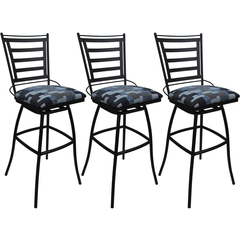 Set of 3 Outdoor Indoor Swivel Bar Stools - Jenna Armless - Flint Fabric - Black