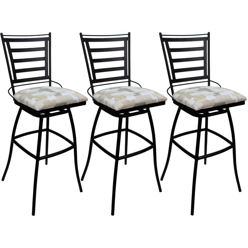 Set of 3 Outdoor Indoor Swivel Bar Stools - Jenna Armless - White Fabric - Black