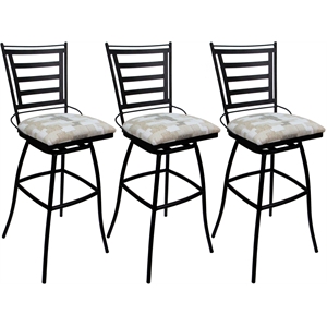 Set of 3 Outdoor Indoor Swivel Bar Stools - Jenna Armless - White Fabric - Black