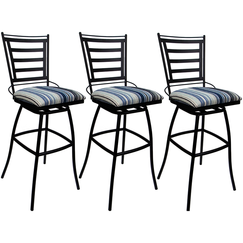 Set of 3 Outdoor Indoor Swivel Bar Stools - Jenna Armless - Blue Fabric - Black