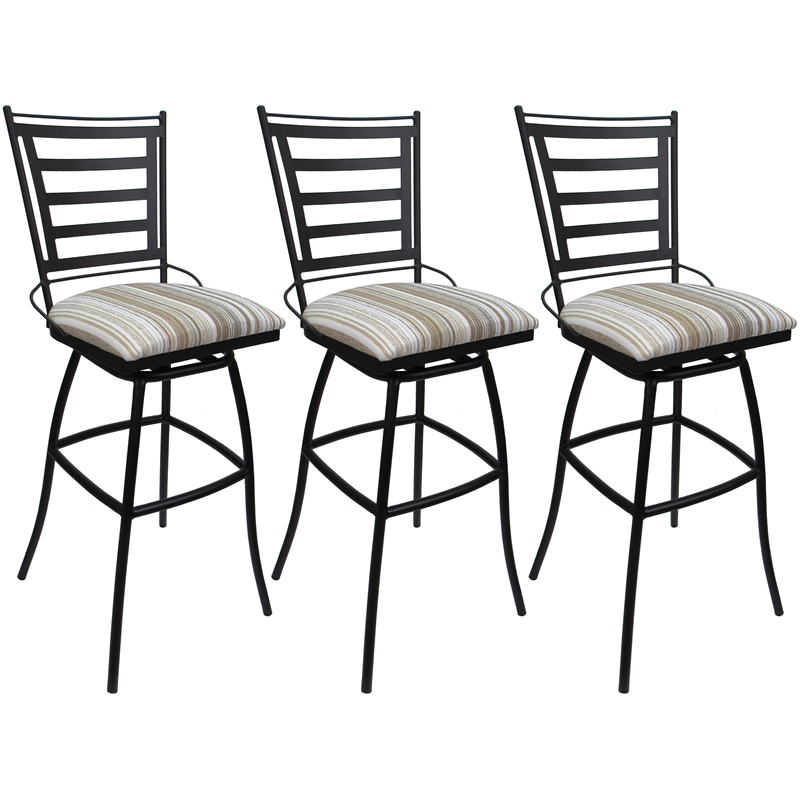Set of 3 Outdoor Indoor Bar Stools - Jenna Armless - White Fabric - Black