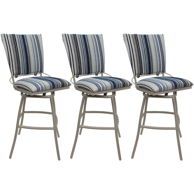 Set of 3 Outdoor Indoor Counter Stools - Jenna PB Armless - Blue Fabric - Beige