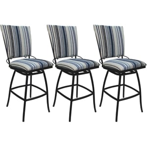 Set of 3 Outdoor Indoor Counter Stools - Jenna PB Armless - Blue Fabric - Black