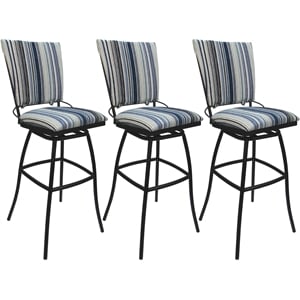 Set of 3 Outdoor Indoor Counter Stools - Jenna PB Armless - Blue Fabric - Gray