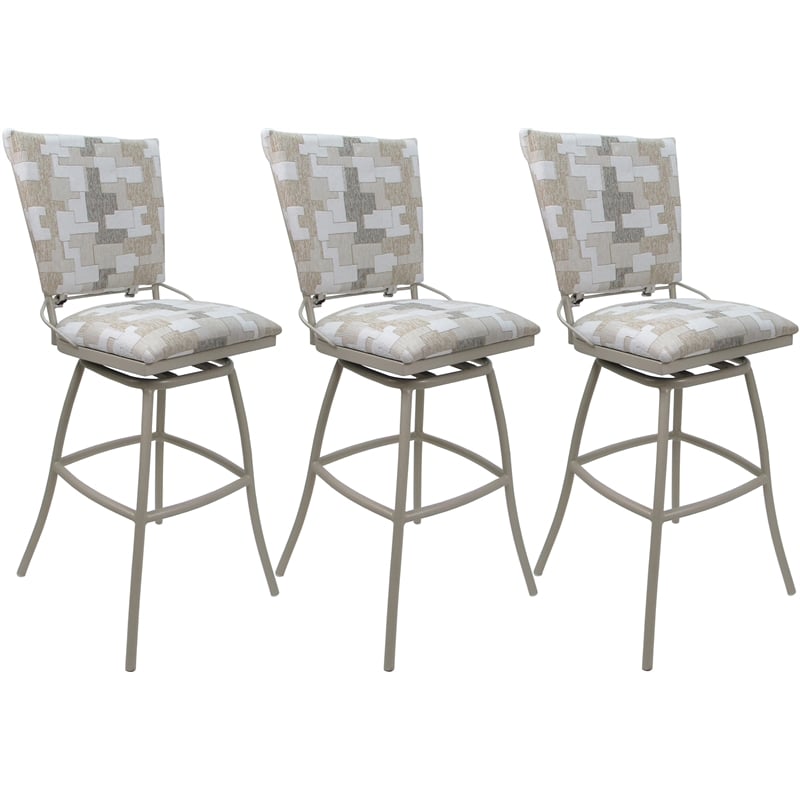 Set of 3 Outdoor Indoor Bar Stools - Jenna PB Armless - White Fabric - Beige
