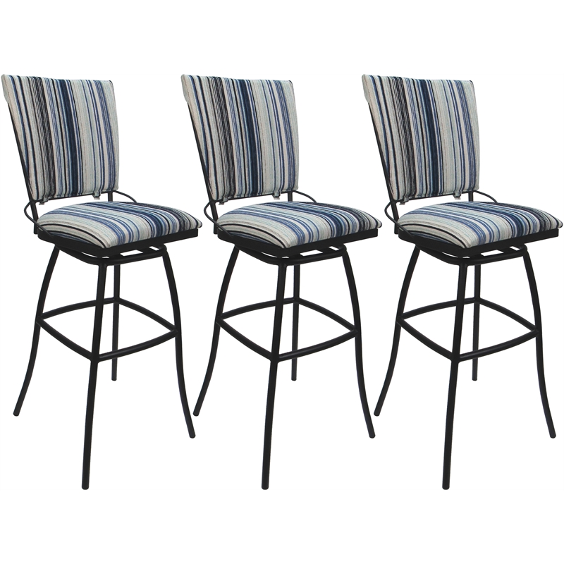 Set of 3 Outdoor Indoor Bar Stools - Jenna PB Armless - Blue Fabric - Gray