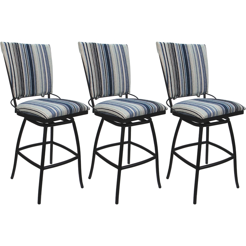 Set of 3 Outdoor Indoor Extra Tall Stools - Jenna Armless - Blue Fabric - Black