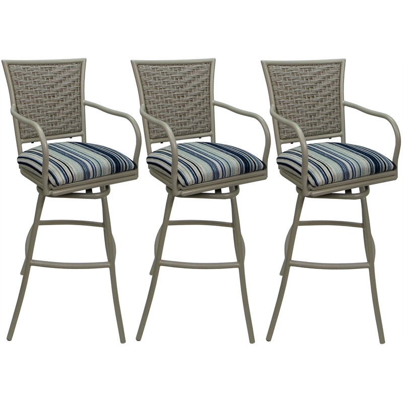 Set of 3 Outdoor Indoor Counter Stools - Erin - Driftwood Blue Fabric - Beige