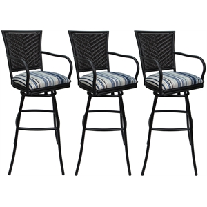 Set of 3 Outdoor Indoor Counter Stools - Erin - Driftwood Blue Fabric - Black
