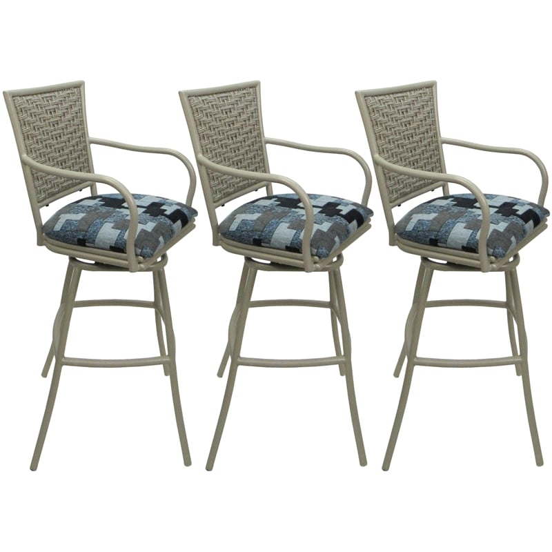 Set of 3 Outdoor Indoor Bar Stools - Erin Arms - Craftsman Flint Fabric - Beige