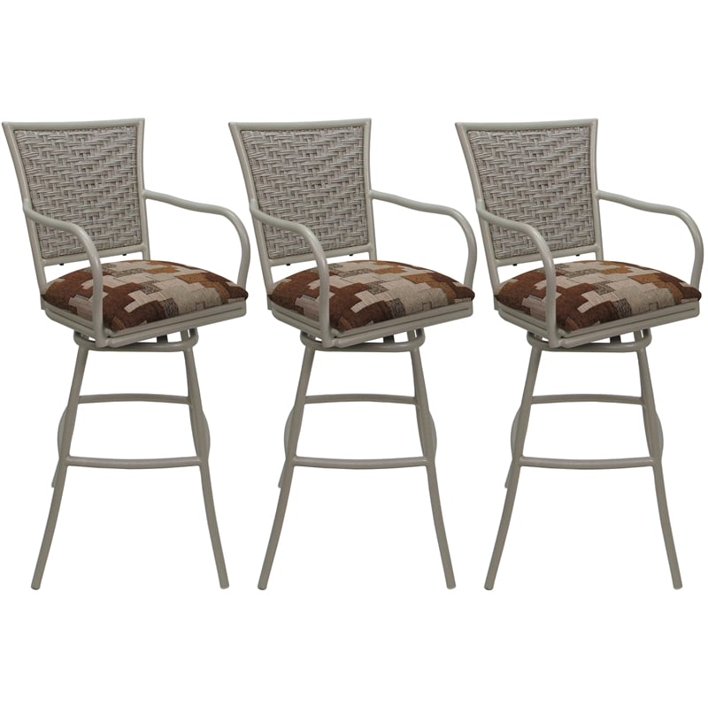 Set of 3 Outdoor Indoor Bar Stools - Erin Arms - Terracotta Fabric - Beige