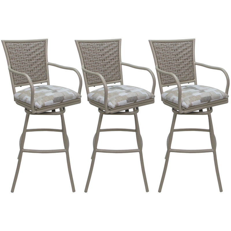 Set of 3 Outdoor Indoor Bar Stools - Erin Arms - Craftsman White Fabric - Beige