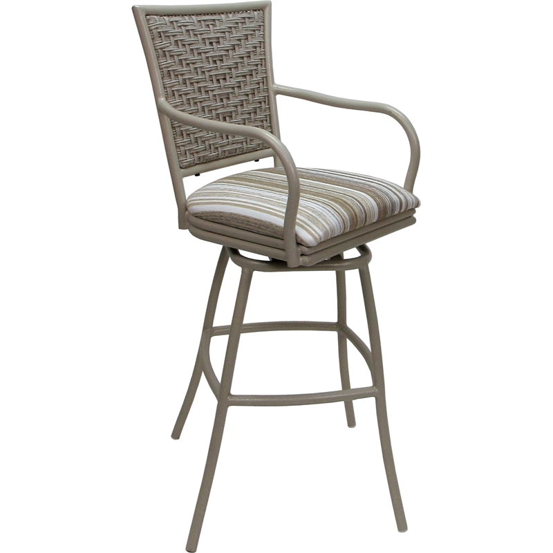 Set of 3 Outdoor Indoor Bar Stools - Erin Arms - Driftwood White Fabric - Beige