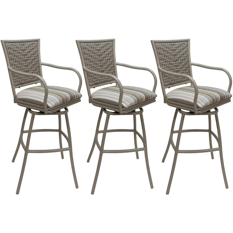 Set of 3 Outdoor Indoor Bar Stools - Erin Arms - Driftwood White Fabric - Beige