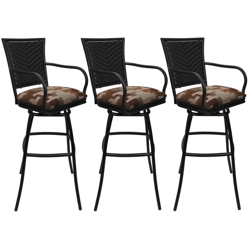 Set of 3 Outdoor Indoor Bar Stools - Erin Arms - Terracotta Fabric - Black