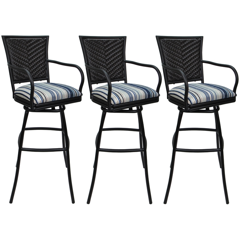 Set of 3 Outdoor Indoor Bar Stools - Erin Arms - Driftwood Blue Fabric - Black