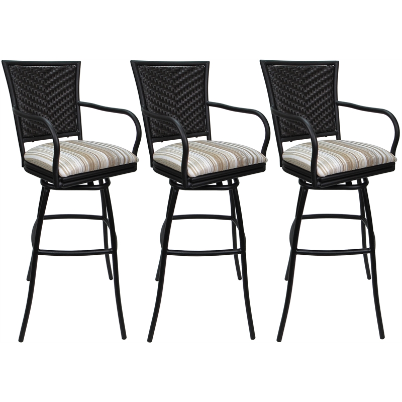 Set of 3 Outdoor Indoor Bar Stools - Erin Arms - Driftwood White Fabric - Black