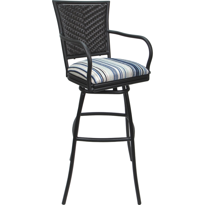 Set of 3 Outdoor Indoor Bar Stools - Erin Arms - Driftwood Blue Fabric - Gray