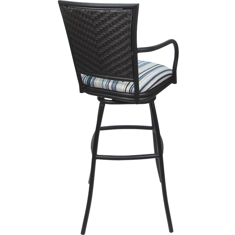 Set of 3 Outdoor Indoor Bar Stools - Erin Arms - Driftwood Blue Fabric - Gray