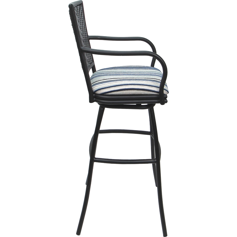 Set of 3 Outdoor Indoor Bar Stools - Erin Arms - Driftwood Blue Fabric - Gray