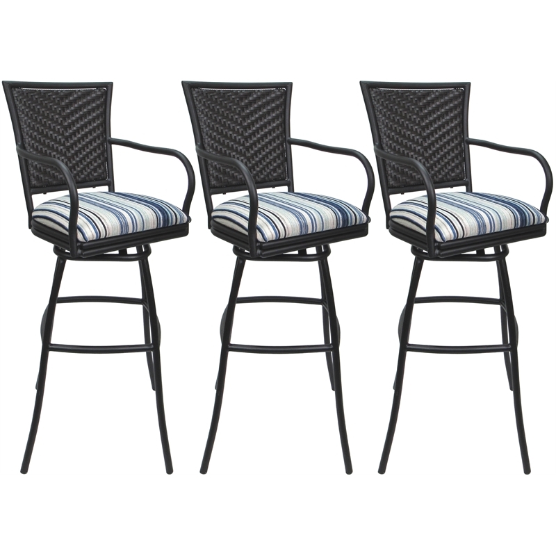 Set of 3 Outdoor Indoor Bar Stools - Erin Arms - Driftwood Blue Fabric - Gray