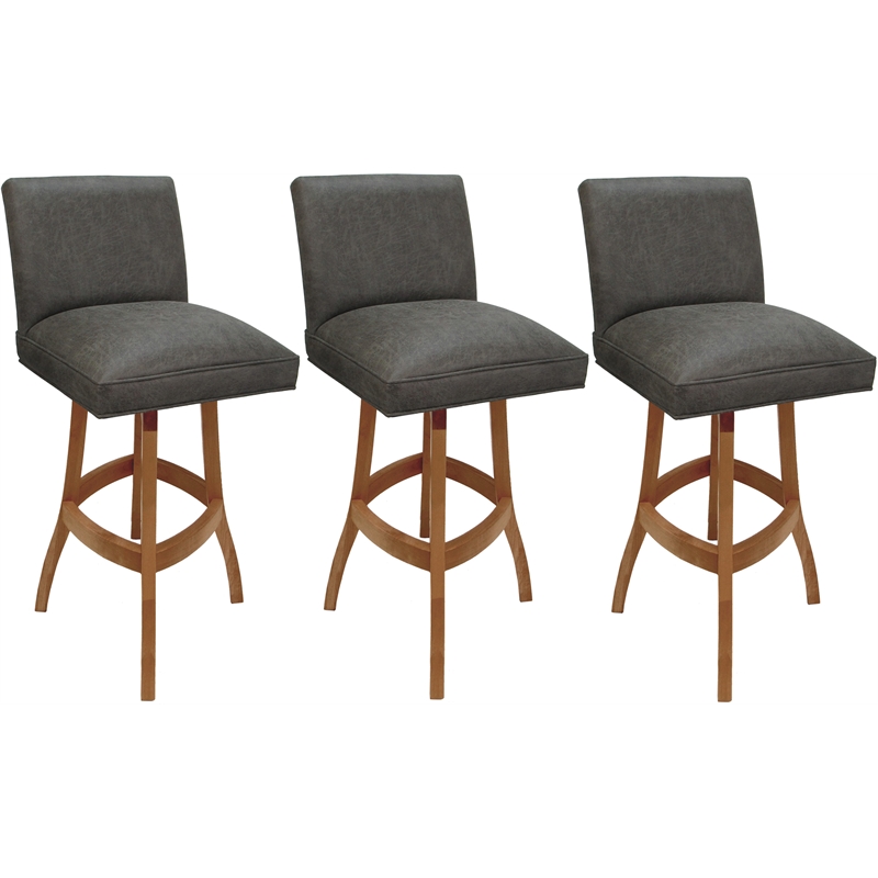 Set of 3 Swivel Wood Counter Stools - Sommerville NW Elk Charcoal Fabric - Honey