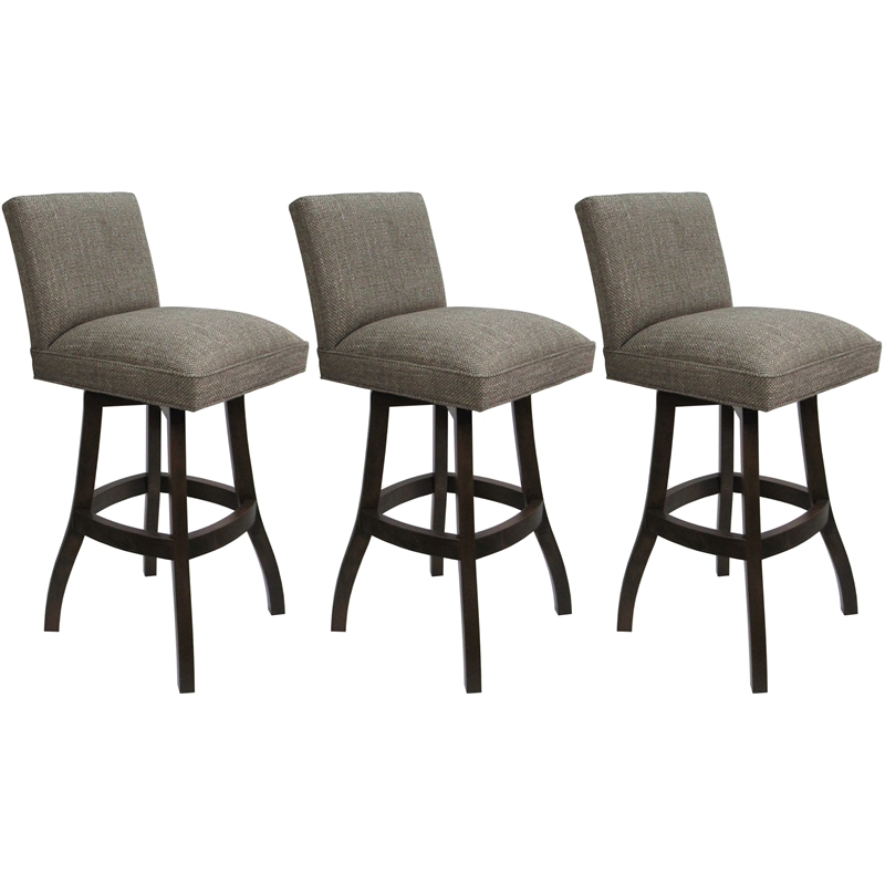 Set of 3 Swivel Wood Counter Stools Sommerville Plumley Cocoa Fabric Dark Walnut