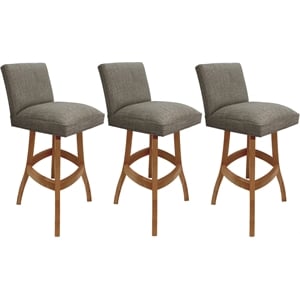 Set of 3 Swivel Wood Bar Stools 30&quot - Sommerville - Plumley Cocoa Fabric - Honey