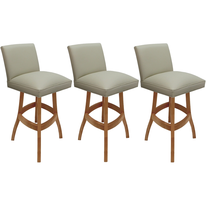 Set of 3 Extra Tall Swivel Wood Stools - Sommerville - Beige Vinyl - Honey