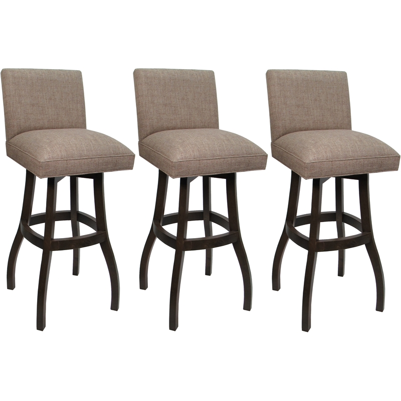 Set of 3 Extra Tall Swivel Wood Stools Sommerville Basin Beige Fabric DarkWalnut