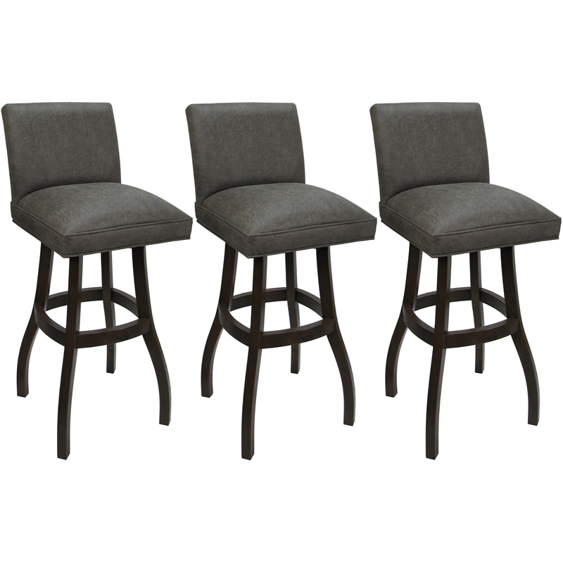 Set of 3 Extra Tall Swivel Wood Stools Sommerville Elk Charcoal Fabric DrkWalnut