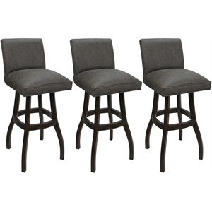 Set of 3 Extra Tall Swivel Wood Stools Sommerville Elk Charcoal Fabric DrkWalnut