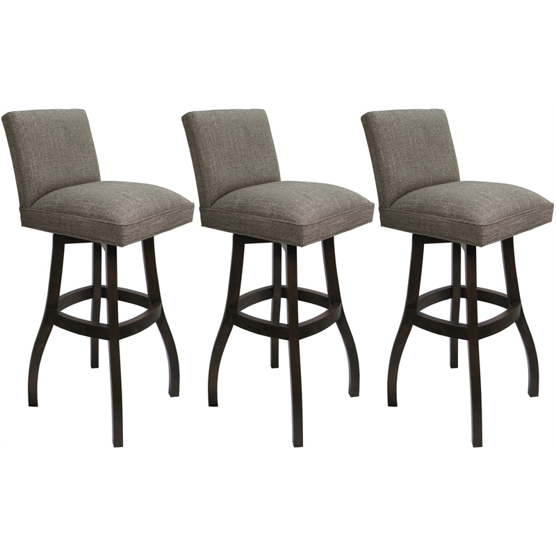 Set of 3 Extra Tall Swivel Wood Stools Sommerville Plumley Cocoa Fabric DkWalnut